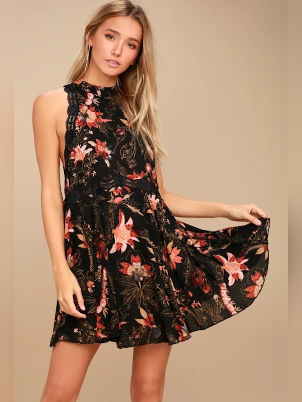 Free People She Moves Black Floral Print Lace Slip Dress, Cut Out Back, EUC, M